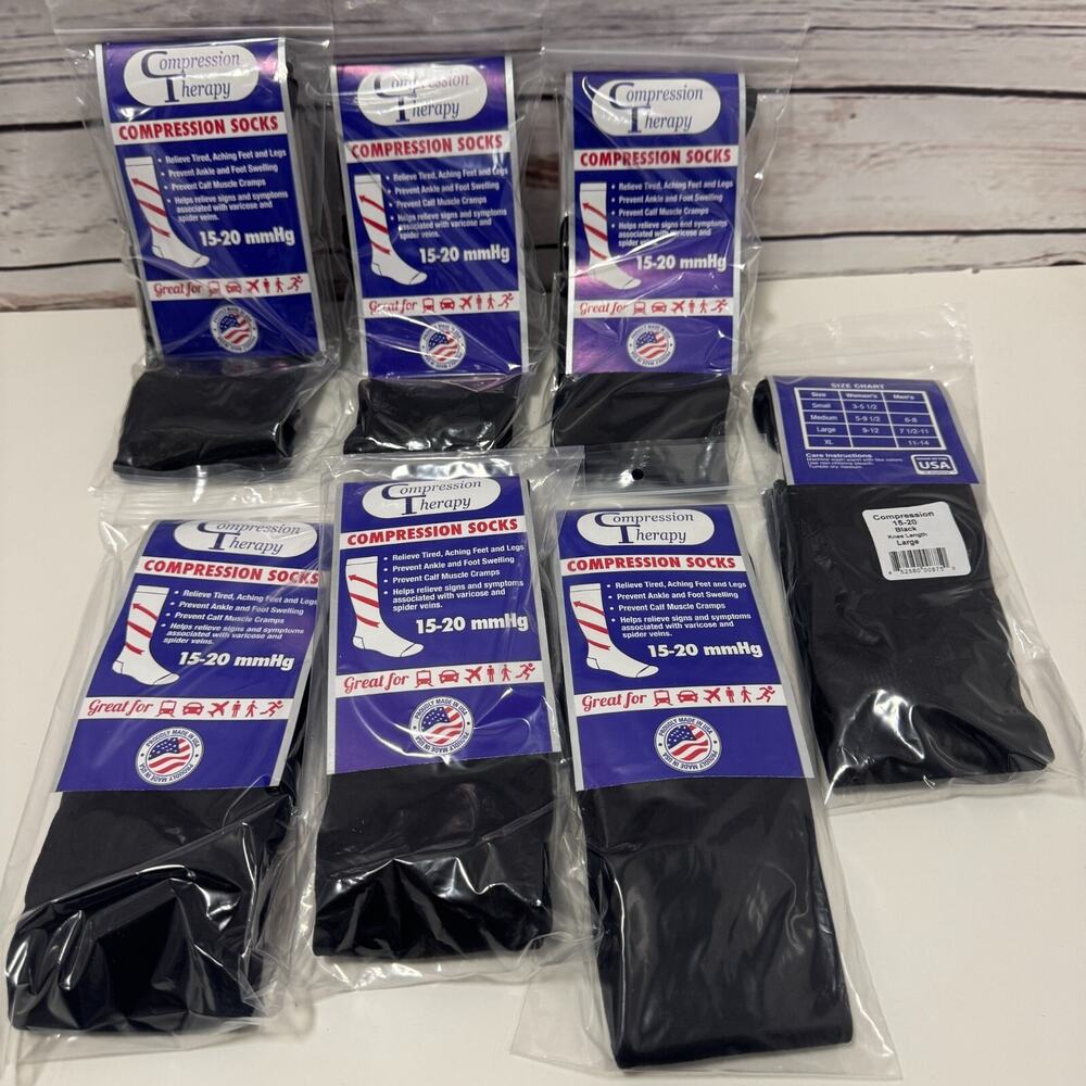 7 Pair Compression Therapy Knee High Socks Black Men Women Large 15-20 mmHg Vein